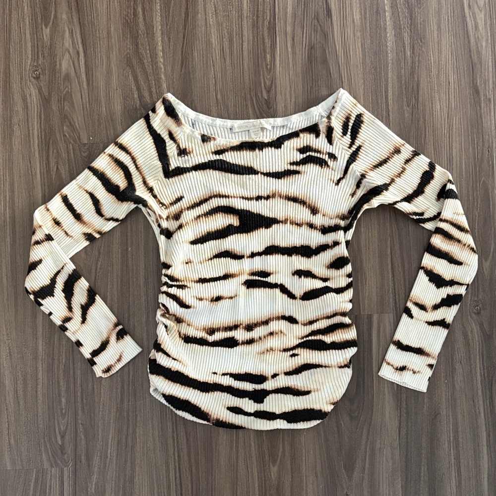 Boston Proper Cream and Black Tiger-Print Ribbed Long-Sleeve Sweater